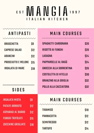 Italian restaurant menu template