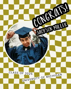 Young man photo and checkered background graduation template 