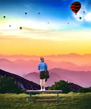 A Person Standing On A Bench Looking At Hot Air Balloons Collage Art Template