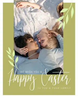 Couple photo green Happy Easter greeting card template
