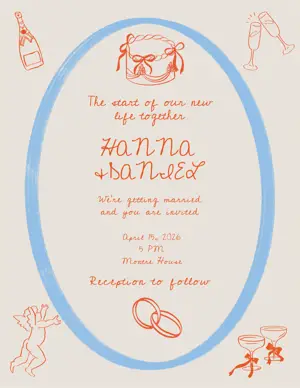 Blue beige and orange illustrative doodle wedding invitation 