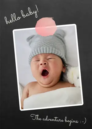 Newborn photo on blackboard greeting card template 