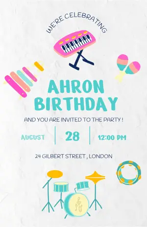 ‏Colourful and Cream Cute Music Party Birthday Invitation