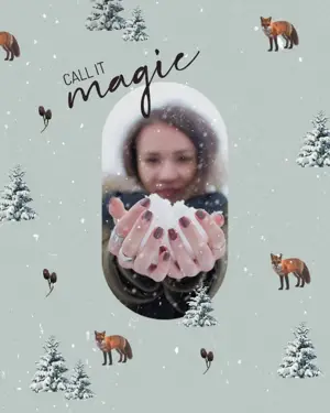 A woman in the snow and winter pattern background Winter Wonderland Template
