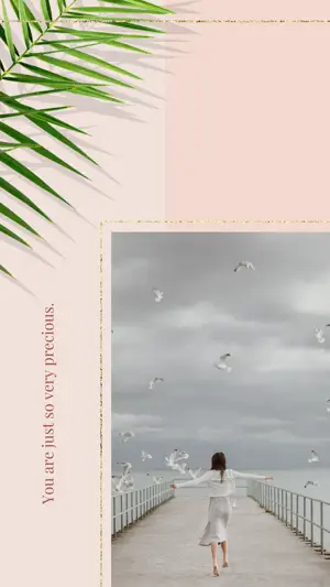 A Woman In A White Dress Walking Down A Pier Leaves Template