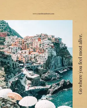 A Picture Of A Beach With Umbrellas And Buildings In The Background Wanderlust Template