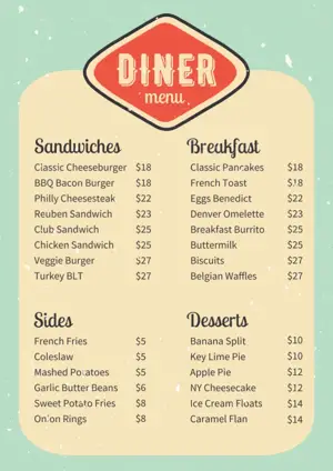 diner restaurant menu template 