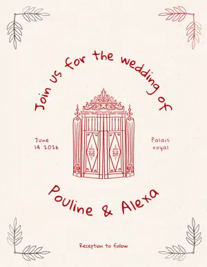 Red and beige  vintage illustrated weeding party invitation 