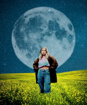 A Woman Standing In A Field With A Full Moon In The Background Collage Art Template