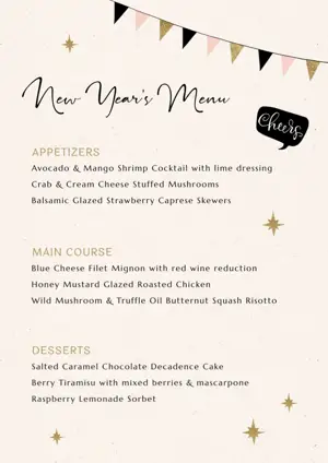 white stars new year dinner menu template 