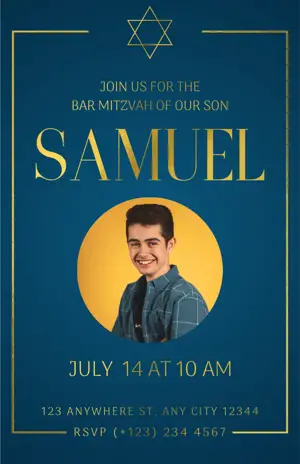 blue and gold elegant bar mitzvah invitation template