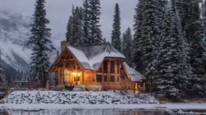 A Cabin In The Woods With Snow On The Ground Zoom Backgrounds Template