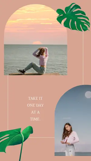 A Woman Sitting On A Beach Next To A Palm Leaf Leaves Template