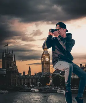 A Man Taking A Picture Of The Big Ben Clock Tower Collage Art Template