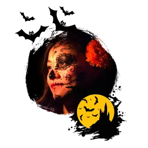 A Woman With Makeup On And A Castle In The Background Halloween Stickers Template