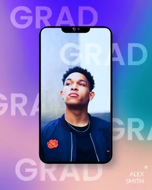 a mobile phone with a photo of a young man Gradient background graduation template 