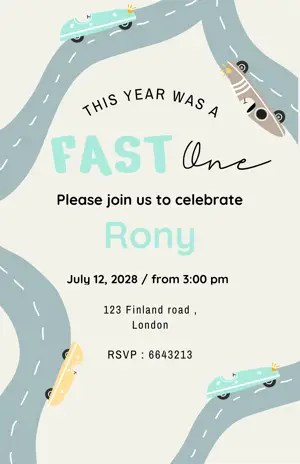 ‏Fast One Race Car Birthday party invitation 