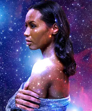 A Woman In A Blue Dress With Stars In The Background Collage Art Template