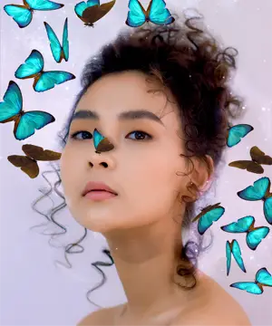 A Woman With Blue Butterflies On Her Face Collage Art Template