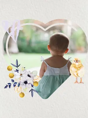A Baby In A Dress Holding A Chicken In Front Of A Heart Hello Spring Template