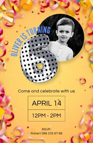 yellow confetti background birthday party photo invitation template