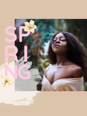 A Woman With Her Eyes Closed In Front Of A Floral Background Hello Spring Template