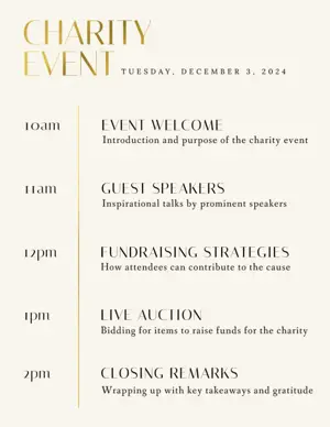 Gold minimalist charity event schedule agenda template 
