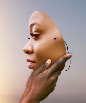 A Woman Holding A Mask Up To Her Face Collage Art Template