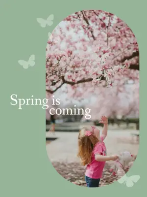 a photo of a kid reaching out to a blooming cherry tree Hello Spring Template