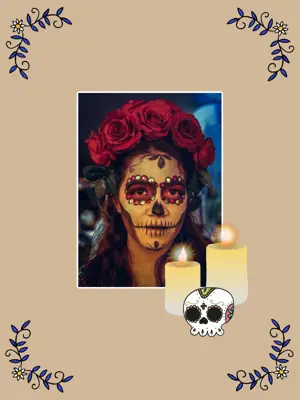 A Picture Of A Woman With A Skull And Roses On Her Head Day Of The Dead Template