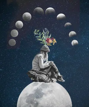 A Man Sitting On The Moon With A Bunch Of Flowers On His Head Template