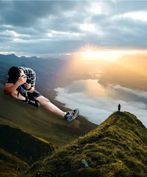 A Man Sitting On Top Of A Grass Covered Hill Collage Art Template