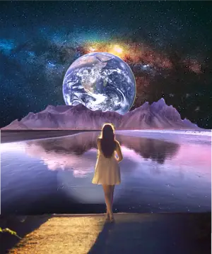 A Woman In A Yellow Dress Looking At The Earth Collage Art Template