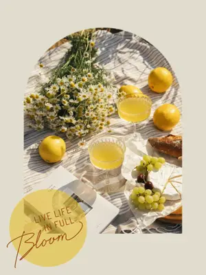 a photo of a picnic with wine, fruits and flowers Hello Spring Template