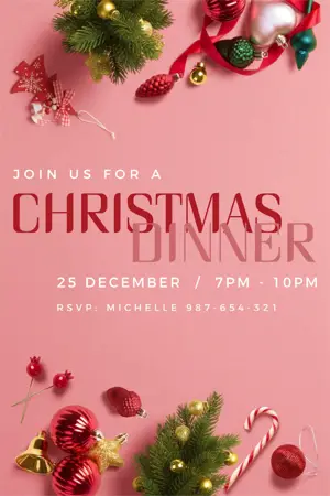 pink Christmas dinner holiday decorations invite template