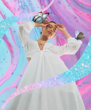 A Woman In A White Dress With A Butterfly On Her Head Collage Art Template