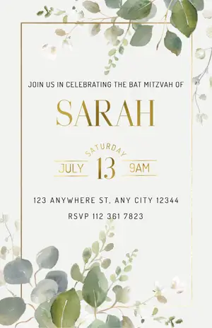 white and gold floral elegant bat mitzvah invitation template