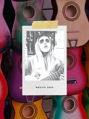 A Photo Of A Man With A Guitar In Front Of Colorful Guitars Day Of The Dead Template