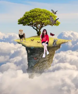 A Woman Sitting On Top Of A Floating Island Collage Art Template