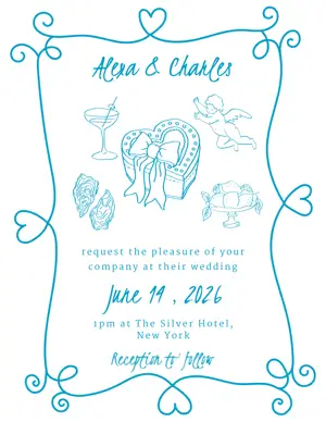 Blue white Minimalist wedding illustration invitation