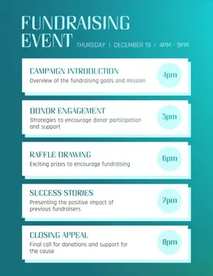 Turquoise fundraising event schedule agenda template 