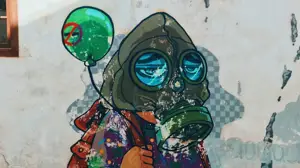 A Painting Of A Gas Mask Holding A Green Balloon Zoom Backgrounds Template