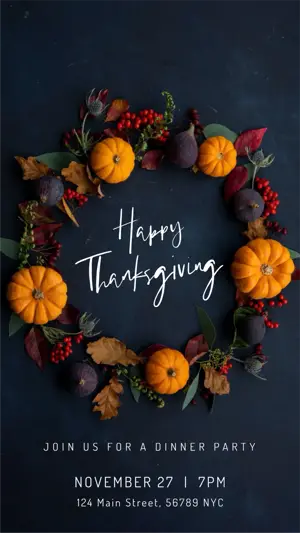 black Thanksgiving floral dinner party invite instagram story template 