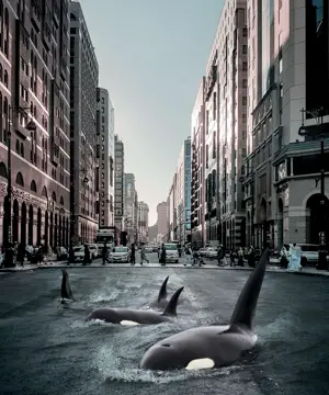 A Couple Of Orca'S Are Swimming In The Water Collage Art Template