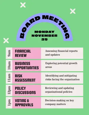 Fun and colorful board meeting schedule agenda template 