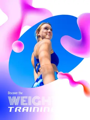 A Woman In A Bikini Standing In Front Of A Blue And Pink Background Sports Template