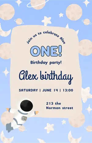 ‏Light Blue Illustrated Space Birthday ‏Invitation