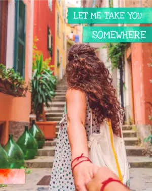 A Woman Holding The Hand Of A Man Who Is Walking Down A Street Wanderlust Template