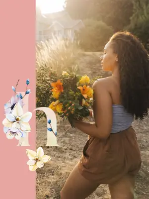 A Woman Is Holding A Bouquet Of Flowers Hello Spring Template