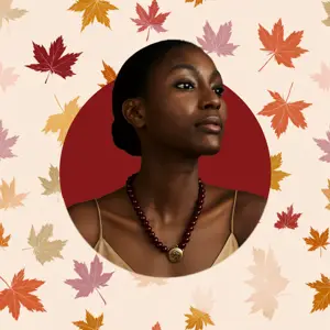 A Woman in a dark red circle in fall theme background Magic Profile Pics Template